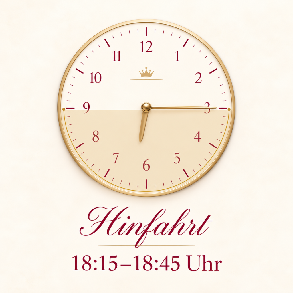 Hinfahrt vom Linzer Hauptplatz: 18:15–18:45 Uhr, Zeitfenster goldfarben markiert